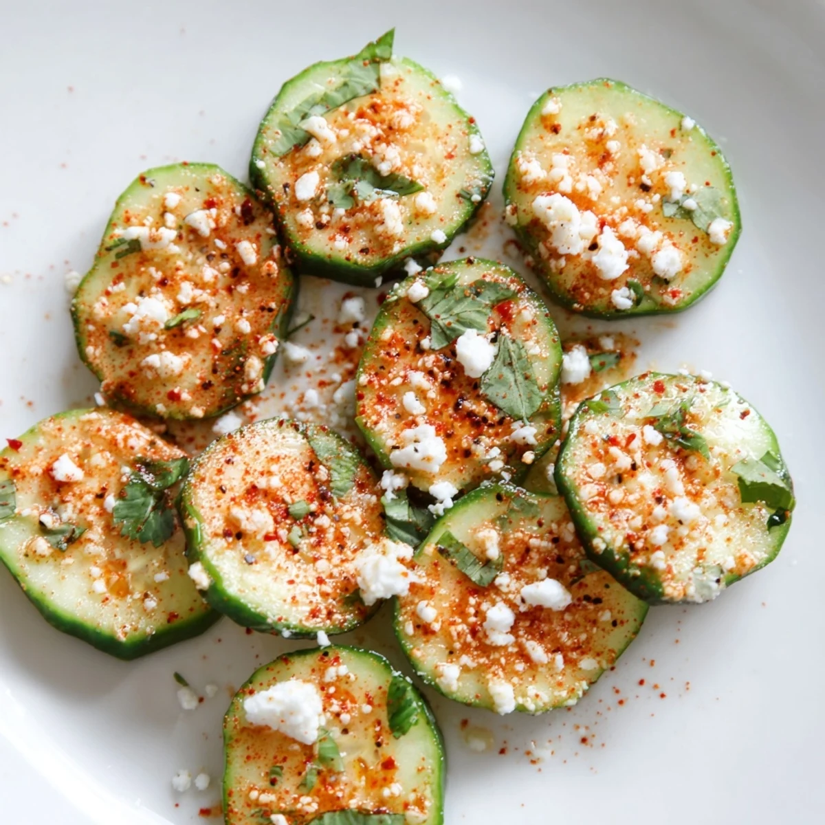 Vibrant Mexican Style Cucumbers with lime wedges, chili seasoning, and cotija cheese, offering a refreshing, spicy appetizer bite.
