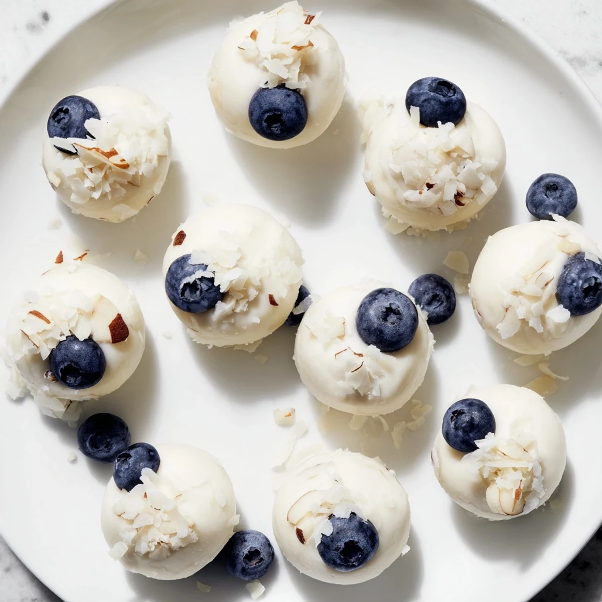 Frozen Blueberry Greek Yogurt Bites topped with honey and shredded coconut on a marble board.  
