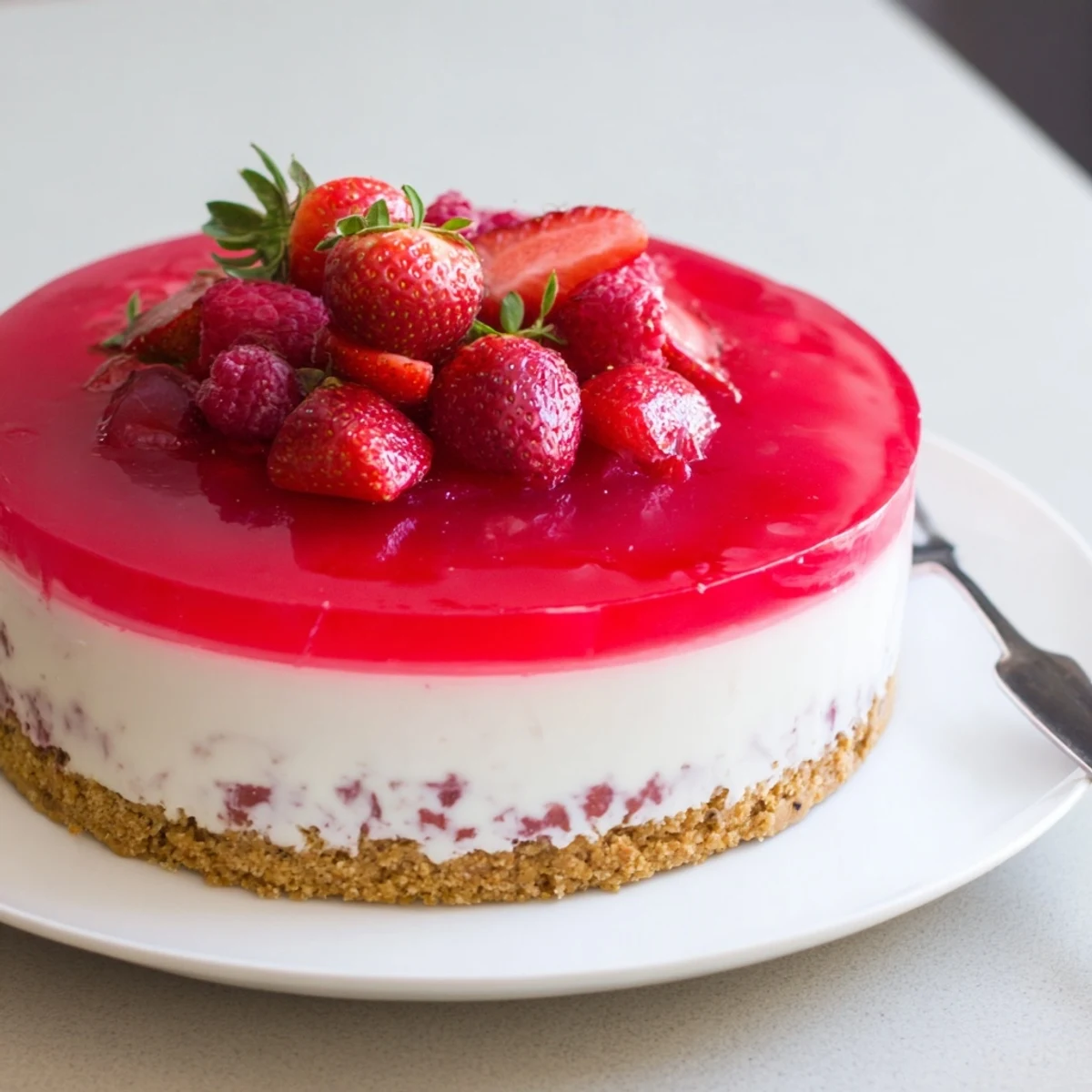 This No Bake Greek Yogurt Jello Cheesecake sits on a buttery graham cracker crust with a glossy, fruit-flavored jello top ready to serve.  