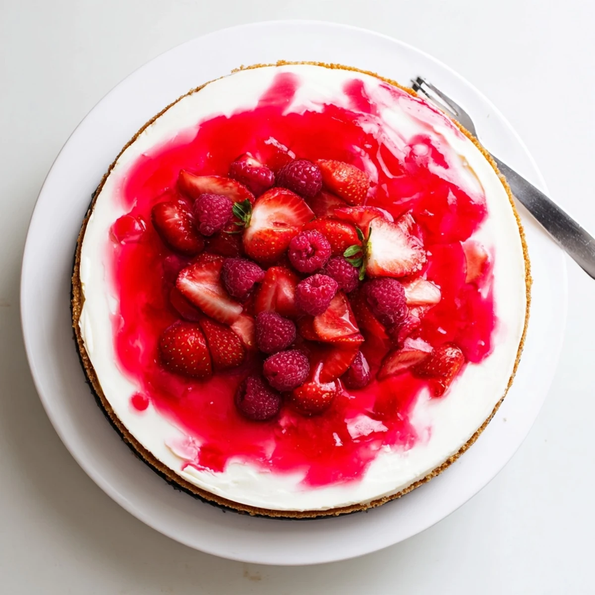 A chilled slice of No Bake Greek Yogurt Jello Cheesecake shows a creamy white filling and a bright red jello layer on a graham cracker crust.  