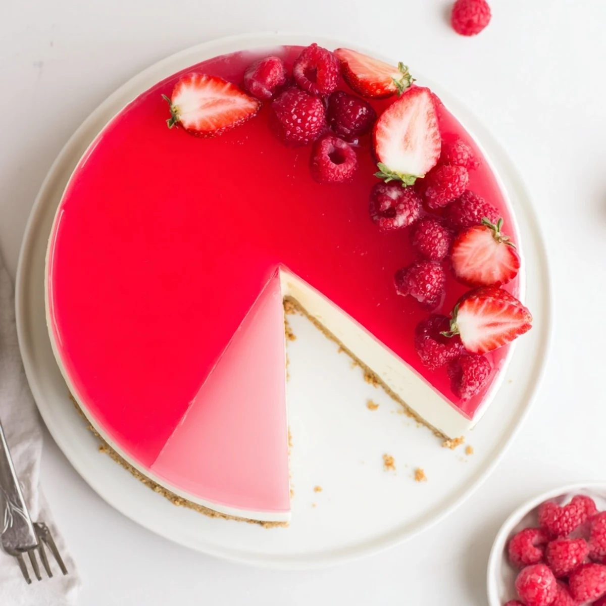 Brightly colored fresh berries garnish a wedge of No Bake Greek Yogurt Jello Cheesecake, highlighting its creamy texture and refreshing jello layer.