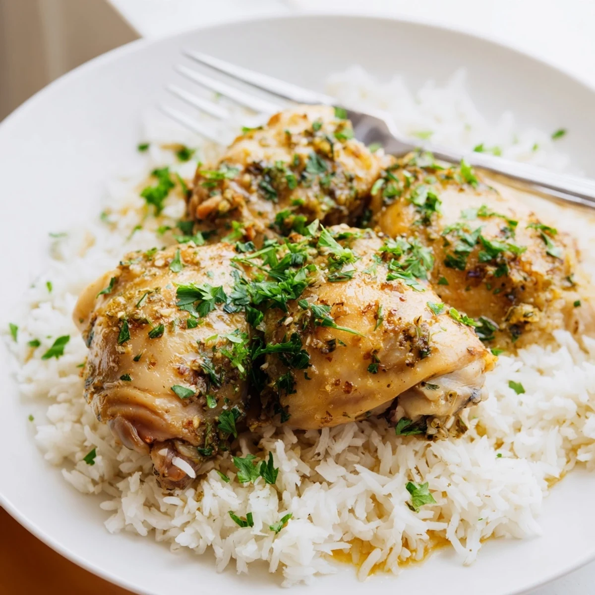 Slow Cooker Lemon Herb Chicken With Fluffy Rice is garnished with parsley and served over buttery fluffy rice.