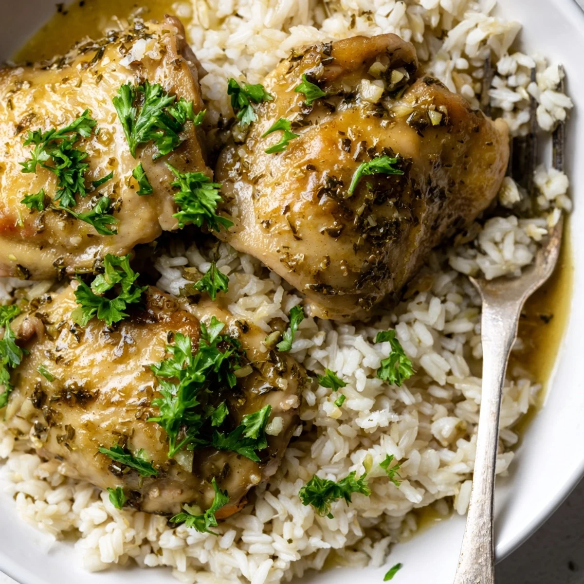 Slow Cooker Lemon Herb Chicken With Fluffy Rice sits steamy beside a crisp green salad on the plate.