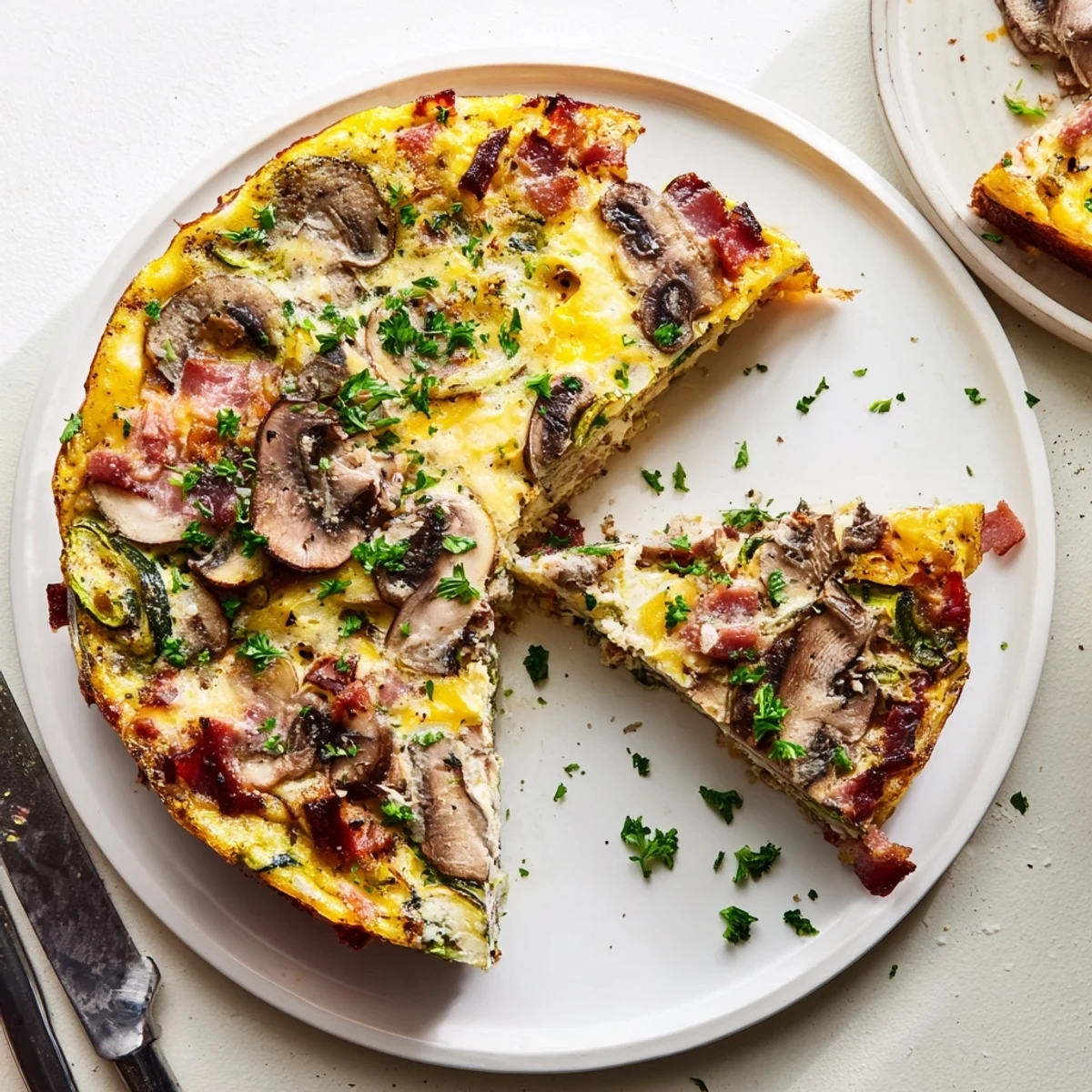 Garnished Mushroom Zucchini and Bacon Family Frittata featuring fluffy eggs and melted cheese