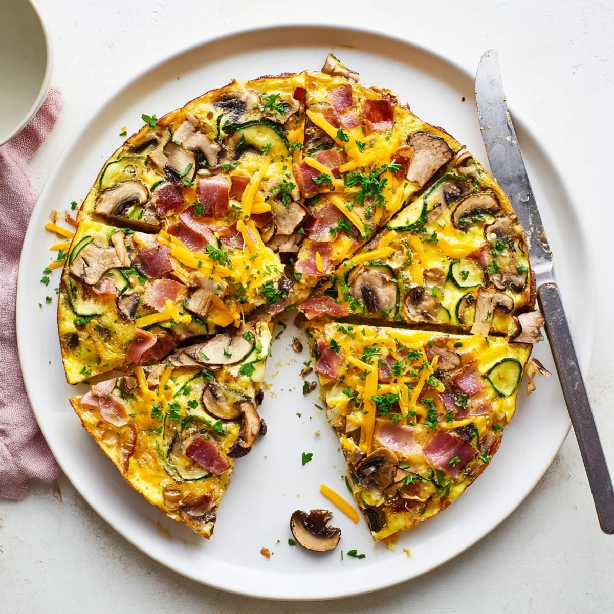 Savory baked frittata studded with crispy bacon mushrooms and tender zucchini slices