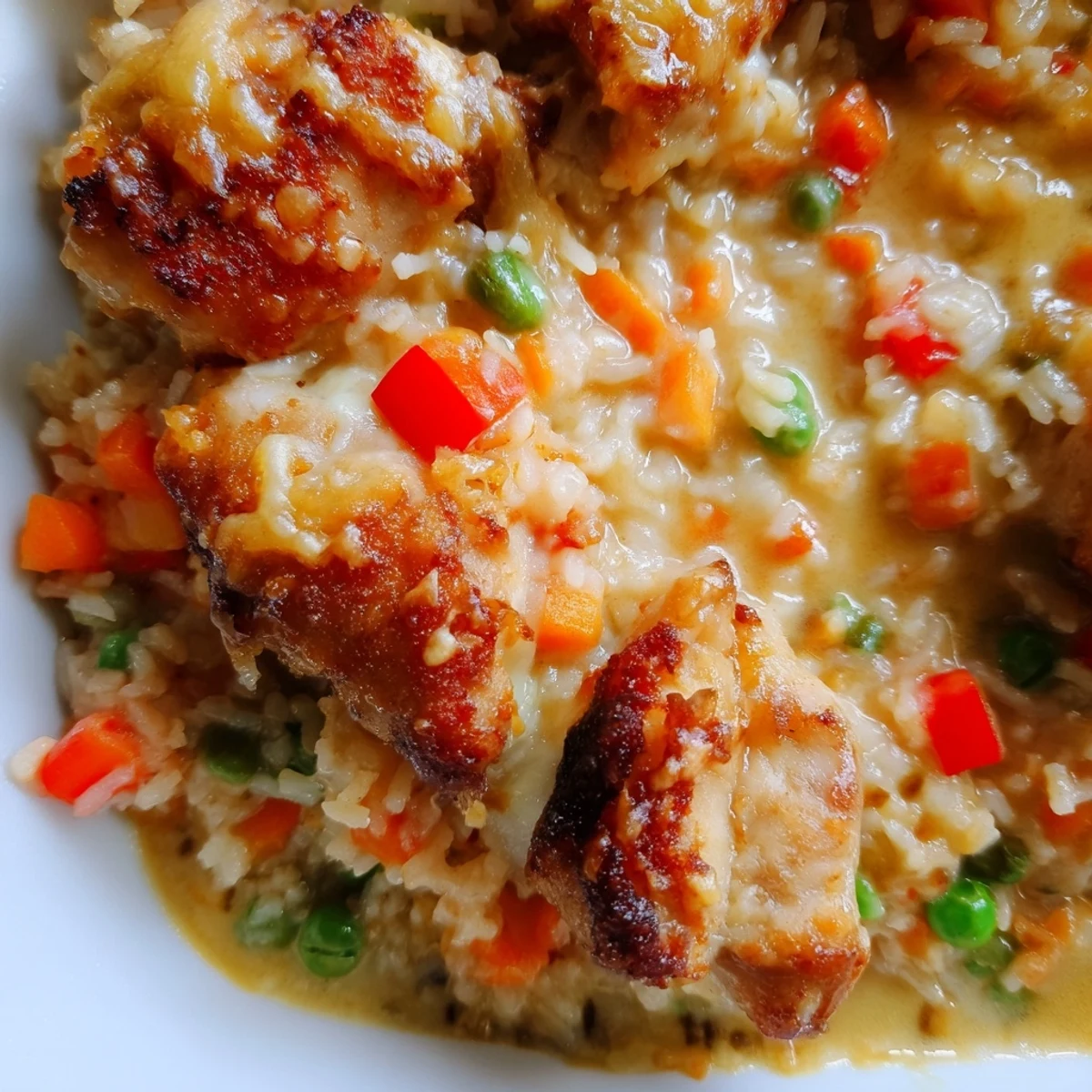 Golden baked Macau Style Portuguese Chicken Rice with bubbling melted cheese over creamy coconut curry sauce