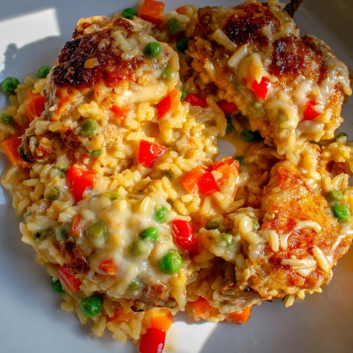 Crispy topped Macau Style Baked Portuguese Chicken Rice casserole with tender chicken pieces and colorful vegetables