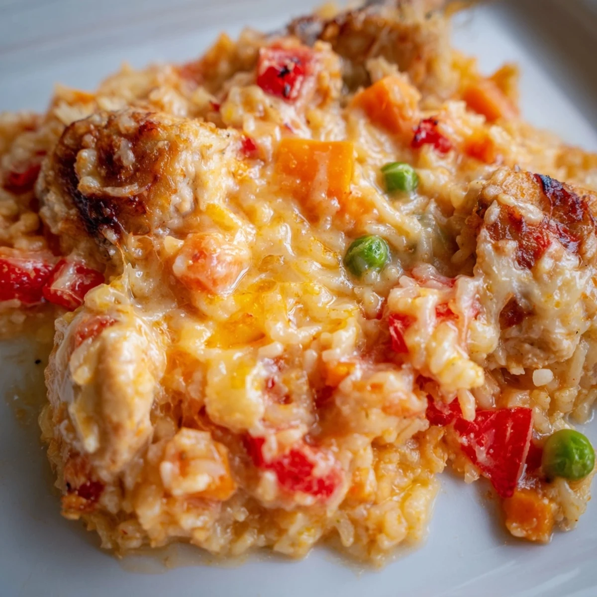 Creamy coconut curry Macau Style Baked Portuguese Chicken Rice with golden melted cheese and vibrant mixed vegetables