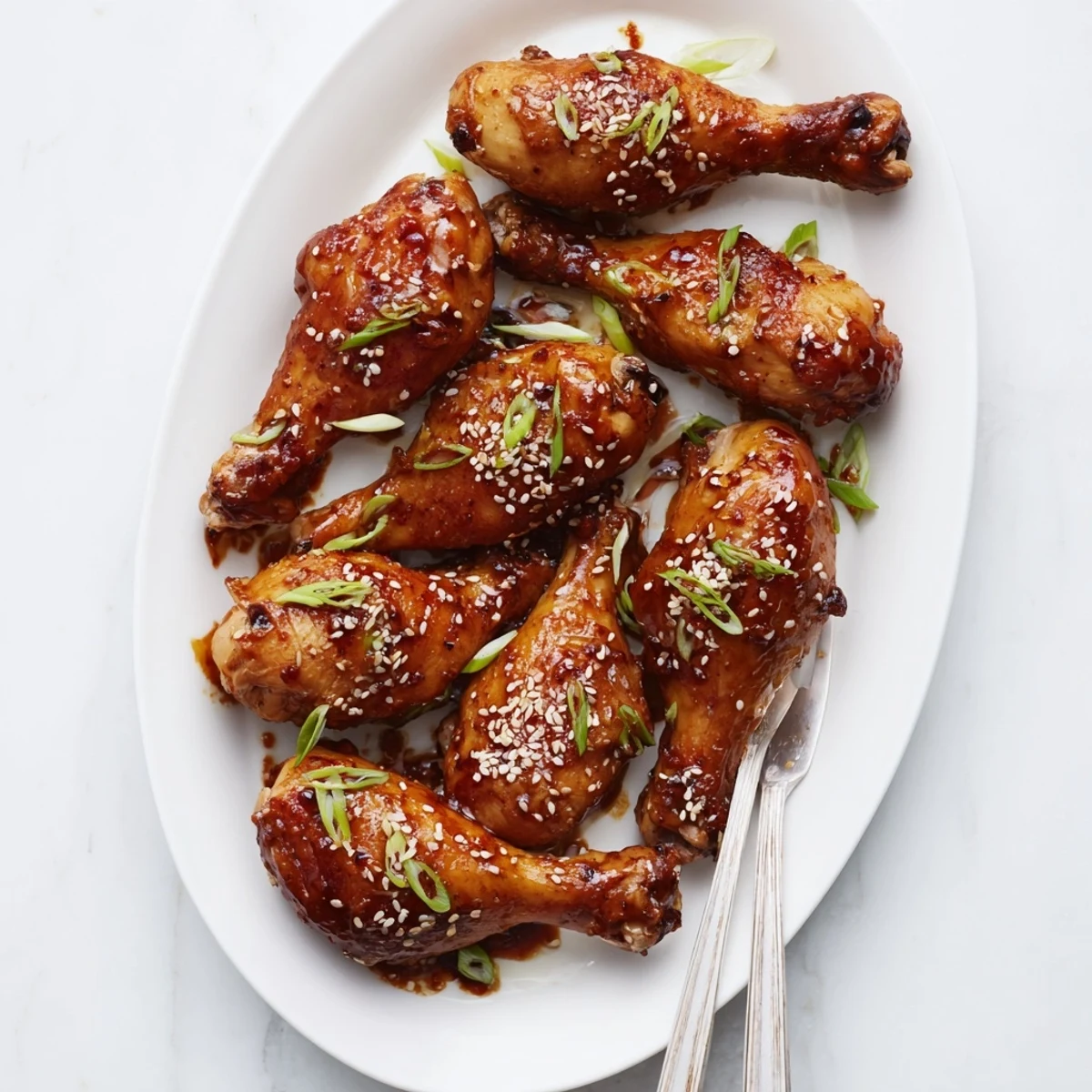 Glossy slow cooker Asian glazed chicken drumsticks coated in rich soy-hoisin sauce with sesame seed garnish