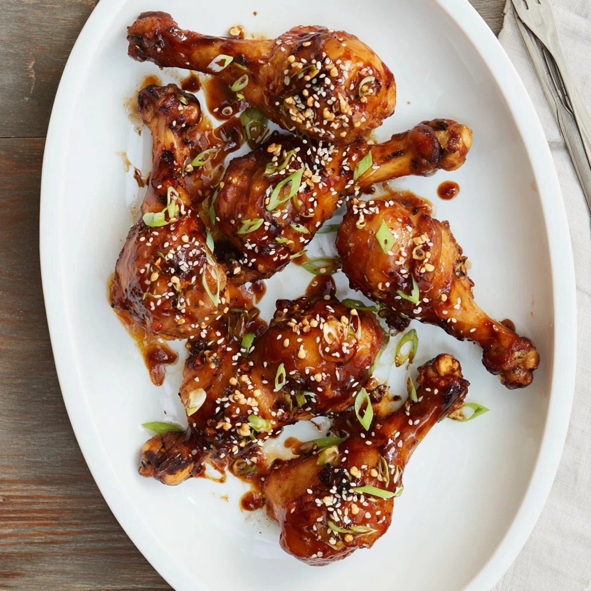 Tender Asian glazed chicken drumsticks brushed with thickened sticky glaze and topped with fresh sliced scallions