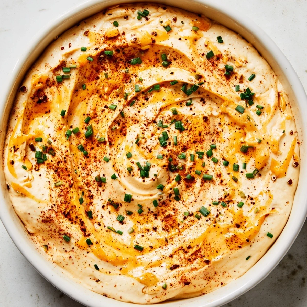 Smooth white bowl of savory pretzel dip garnished with green onions and spices