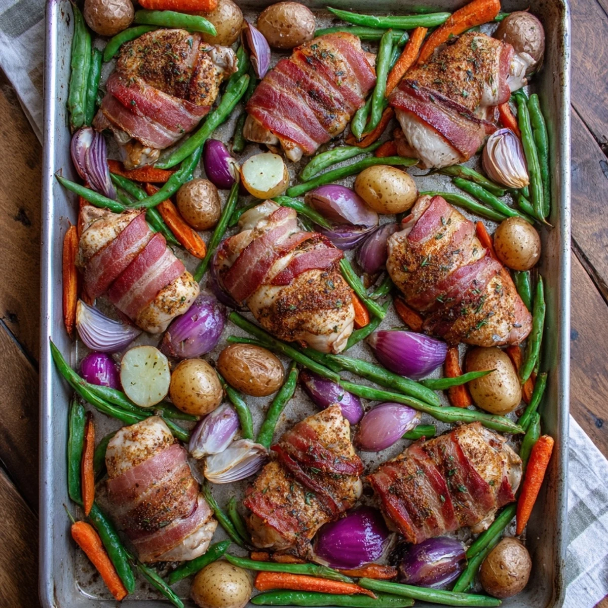 Golden bacon wrapped chicken thighs roasted with colorful vegetables on a large baking sheet