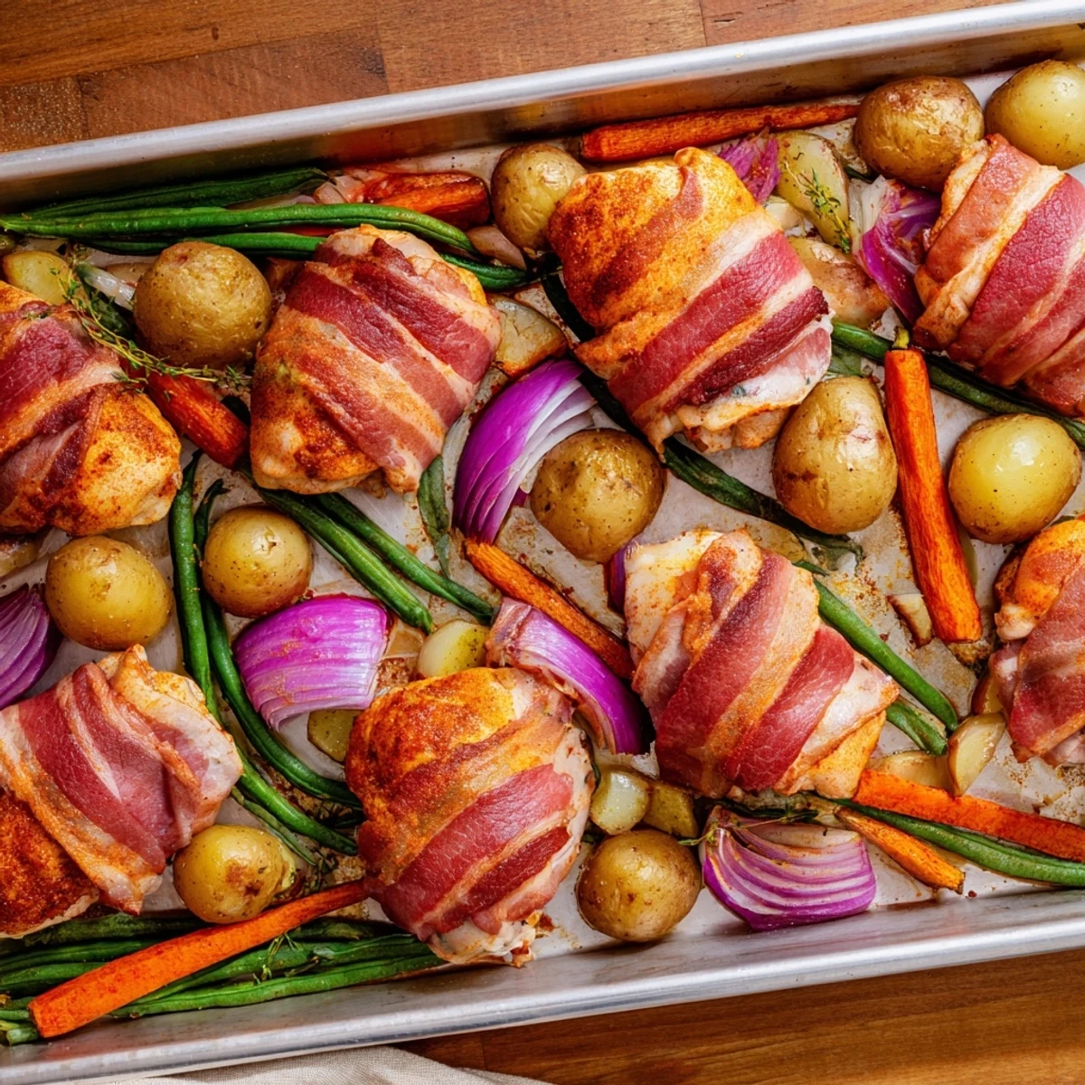 Crispy bacon encloses seasoned chicken thighs alongside baby potatoes carrots and green beans in this tray bake