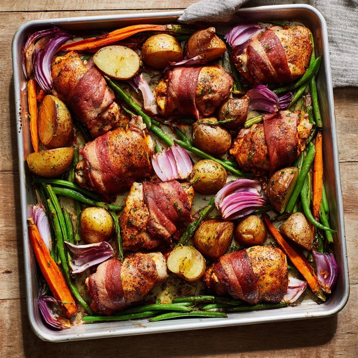 One pan meal featuring juicy bacon wrapped chicken thighs nestled among roasted root vegetables and tender green beans