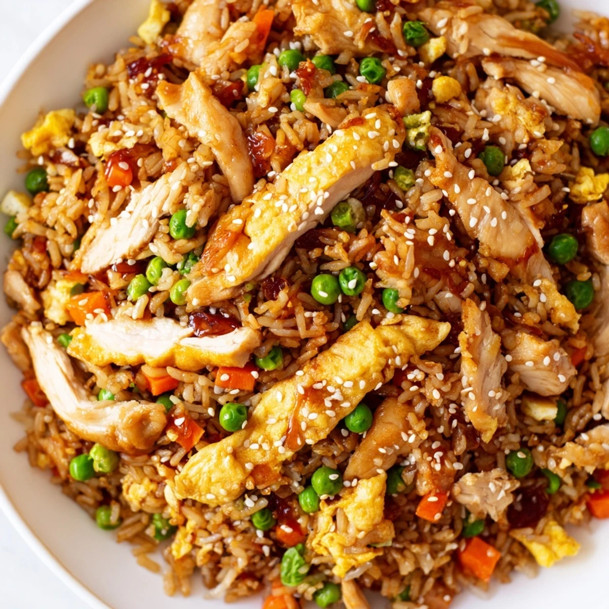 Steaming bowl of chicken fried rice garnished with sliced egg omelette and colorful vegetables