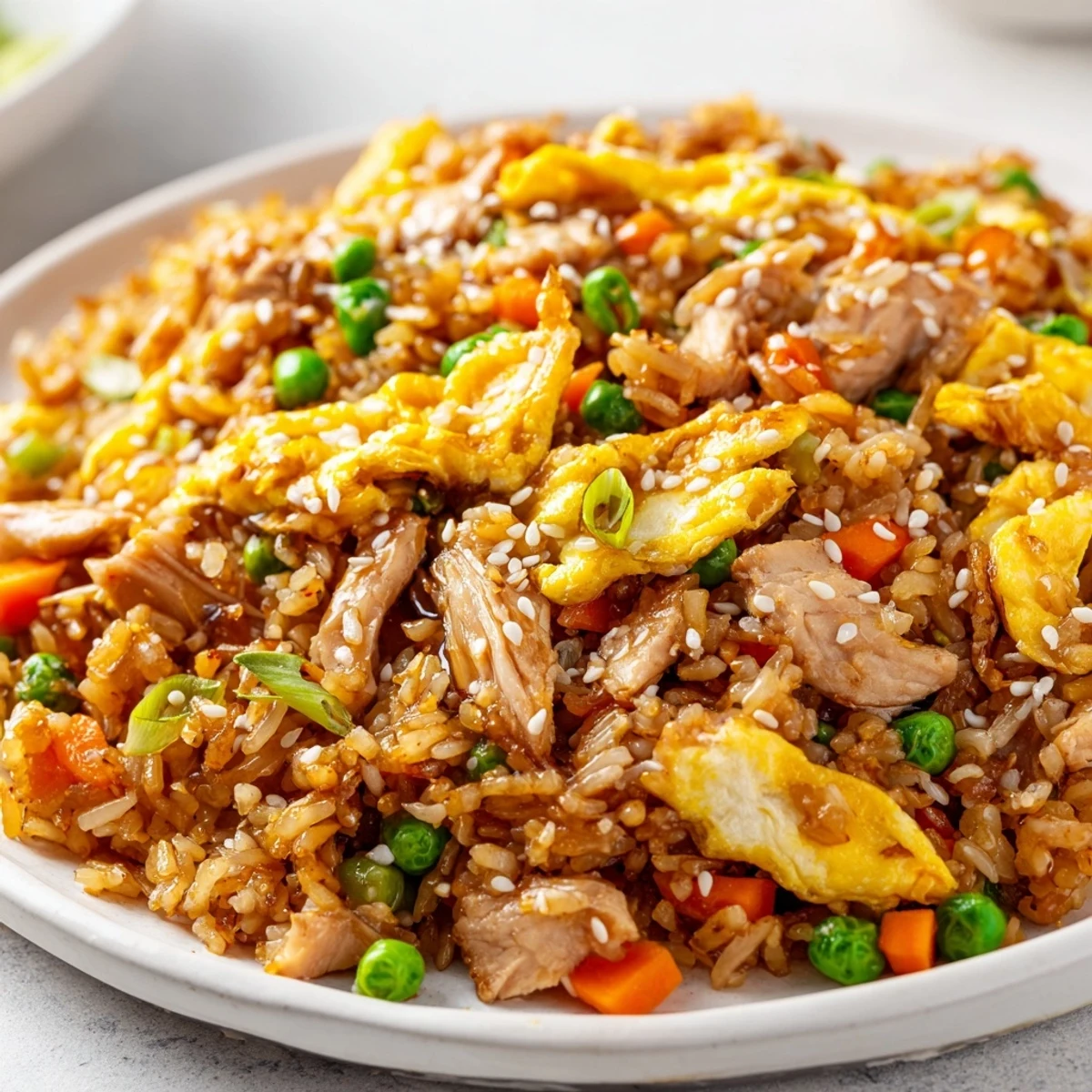 Golden chicken fried rice topped with delicate egg omelette ribbons and fresh scallions