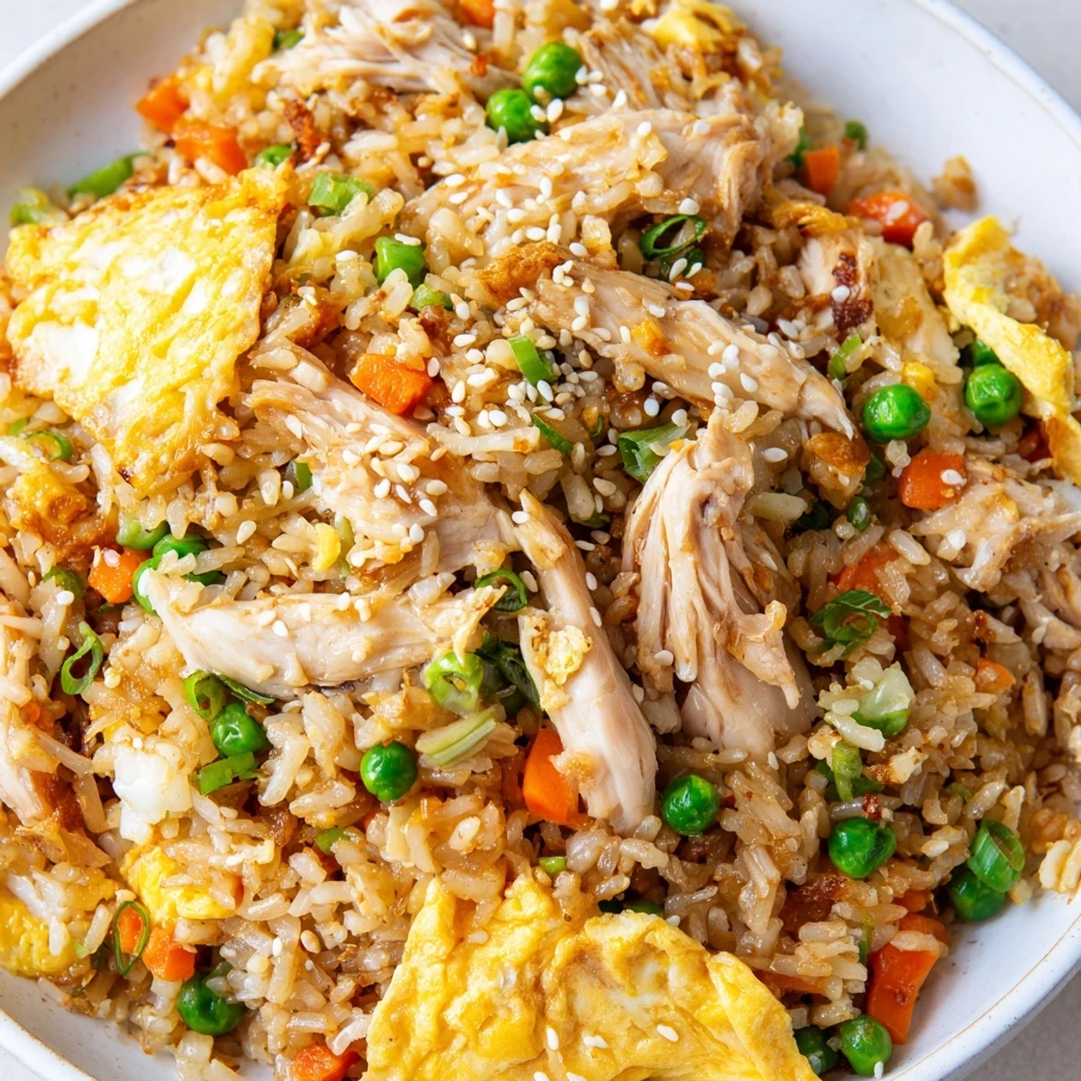 Plate of savory chicken fried rice featuring tender meat peas carrots and golden egg strips