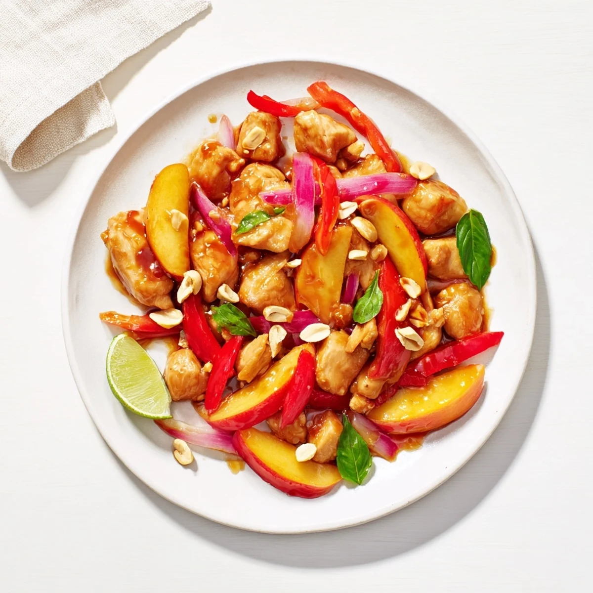 Golden Thai peach chicken glistening with spicy-sweet glaze and colorful bell pepper slices