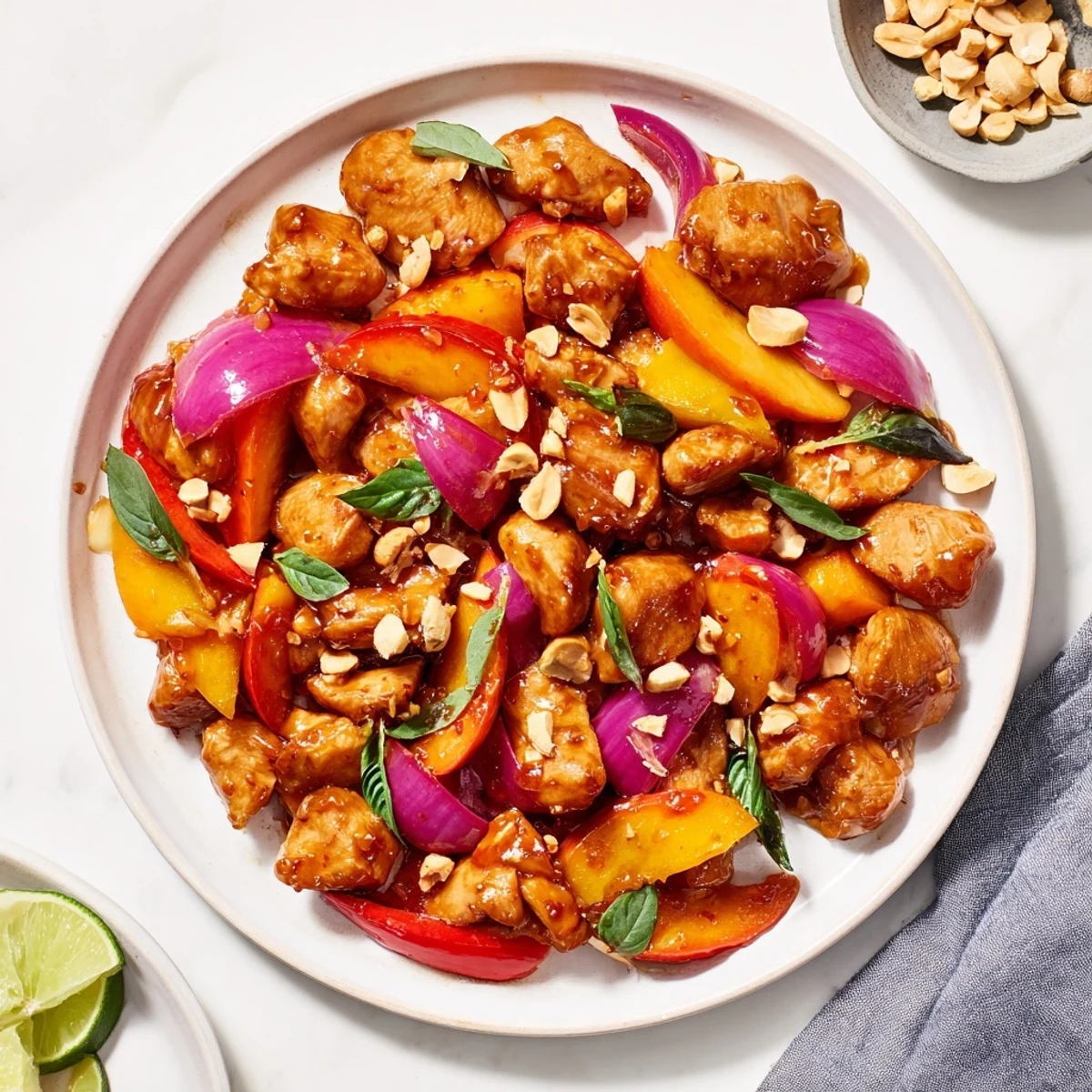Vibrant stir-fried Thai peach chicken served over rice with roasted peanuts and lime wedges