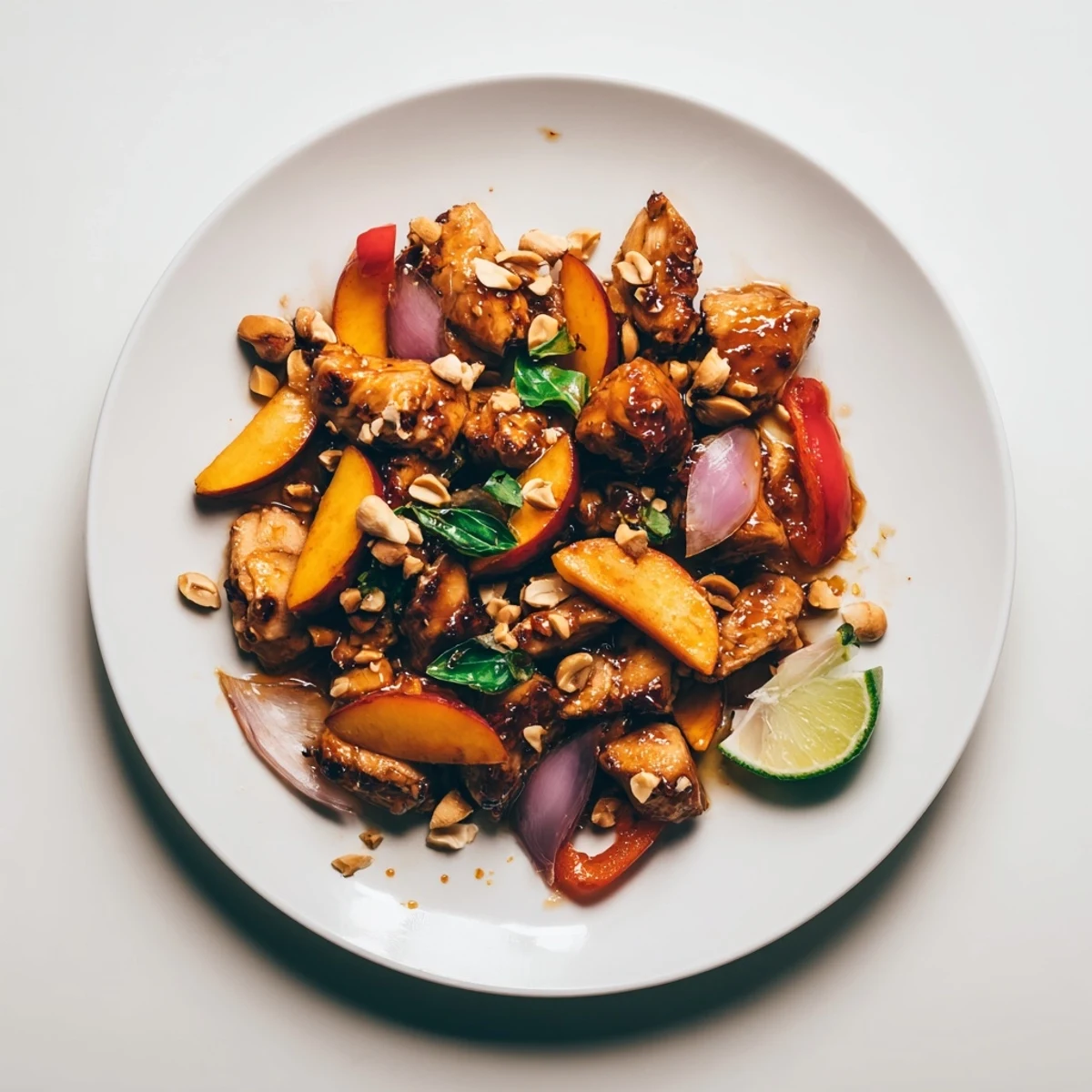Savory chicken pieces simmered in fragrant Thai sauce with ripe peaches and fresh basil