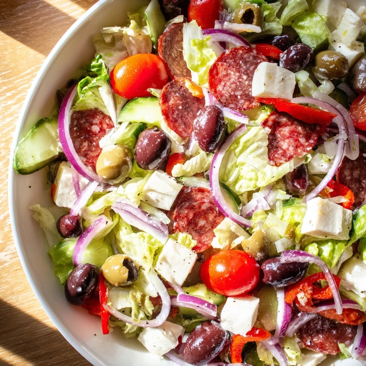Colorful Italian chopped salad bowl with fresh vegetables, salami, and mozzarella tossed in zesty homemade dressing