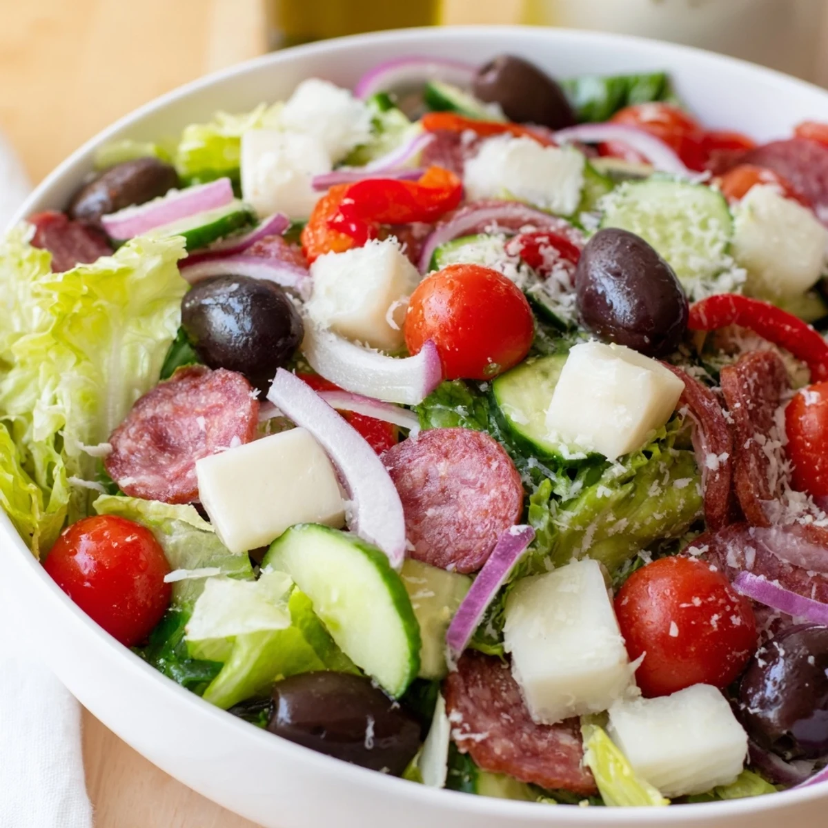 Crisp Italian salad loaded with cured meats, cheese, and crunchy vegetables coated in homemade vinaigrette
