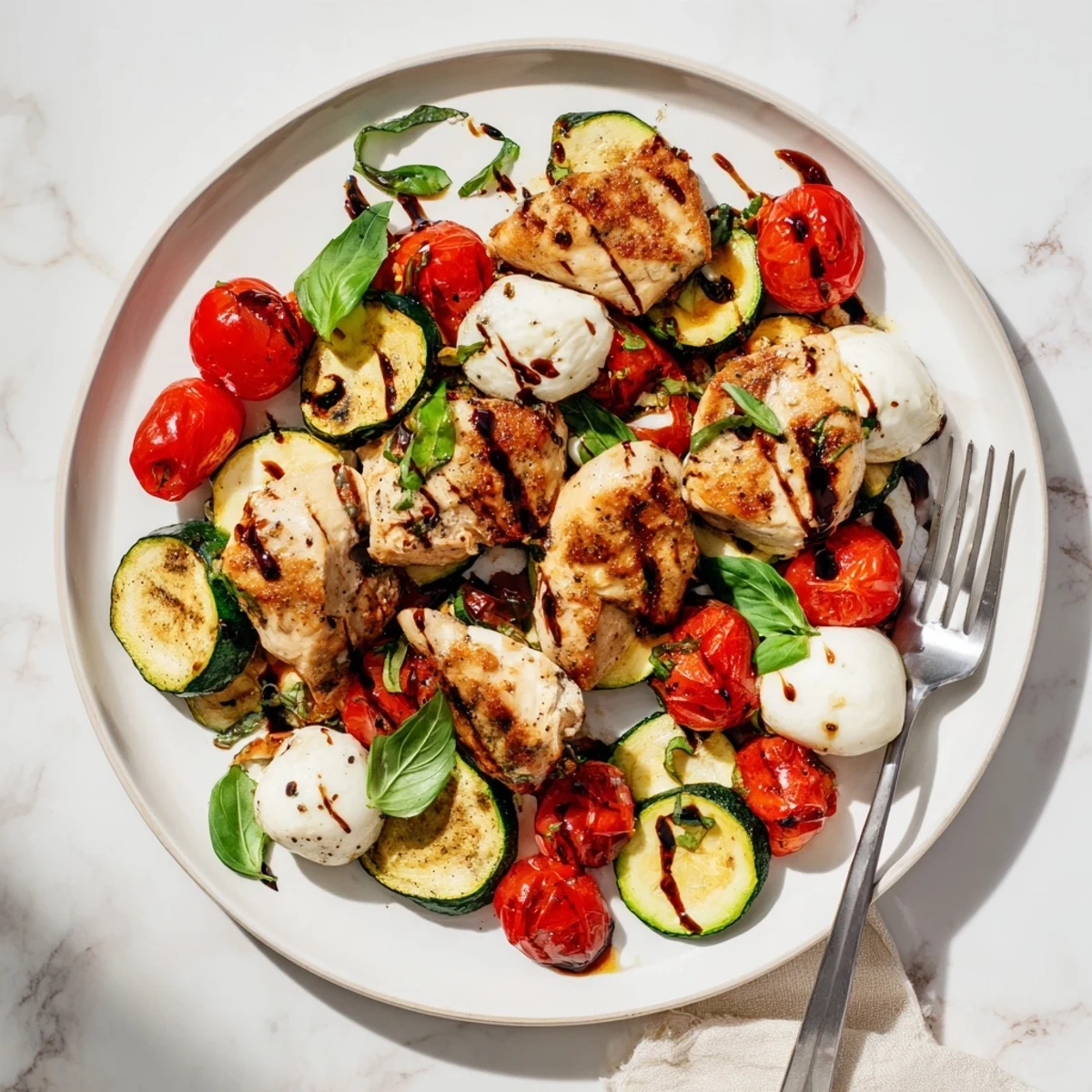 Golden brown chicken breasts nestled with zucchini slices and melted mozzarella in this Caprese Chicken Zucchini Skillet