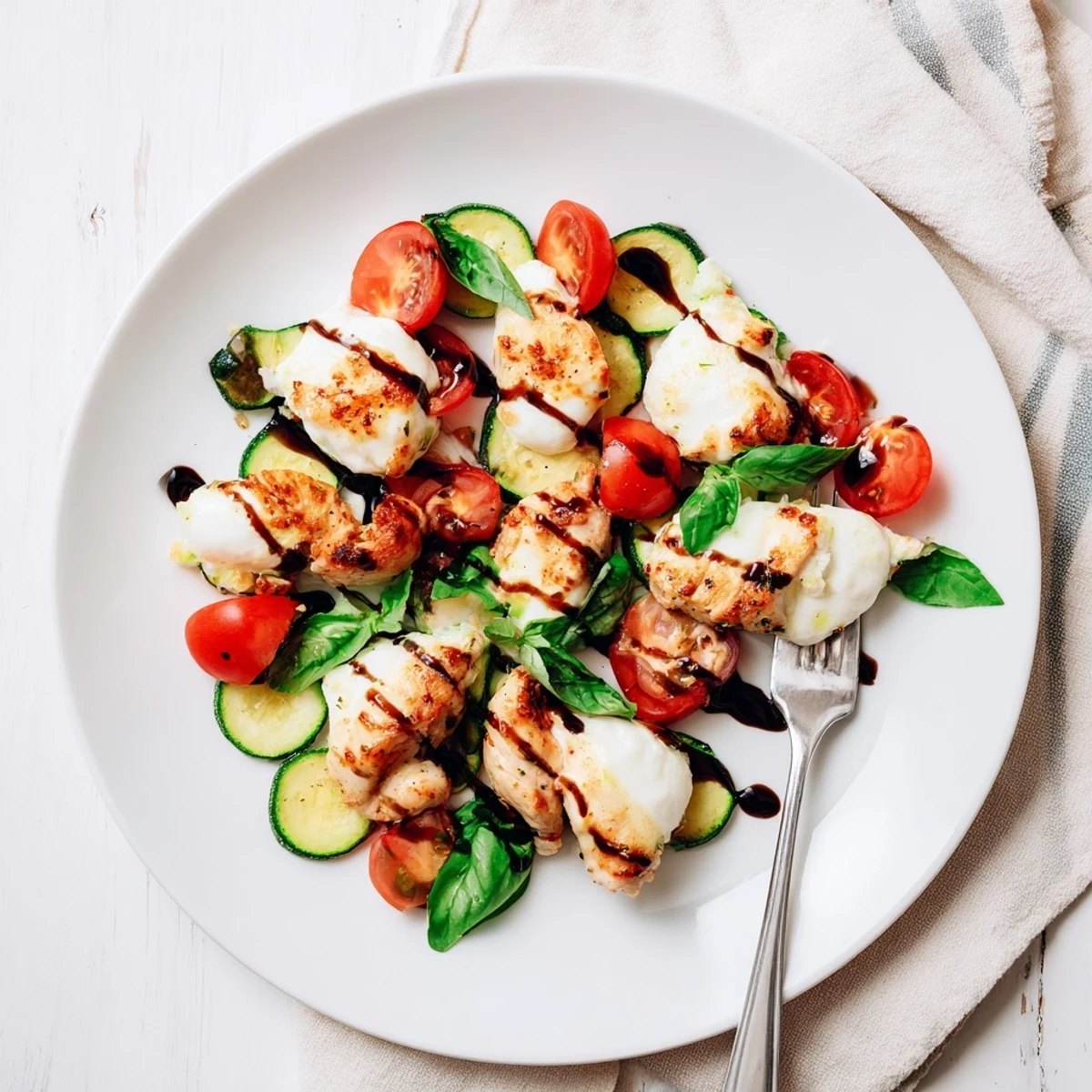 Vibrant Caprese Chicken Zucchini Skillet drizzled with balsamic glaze and finished with torn fresh basil leaves