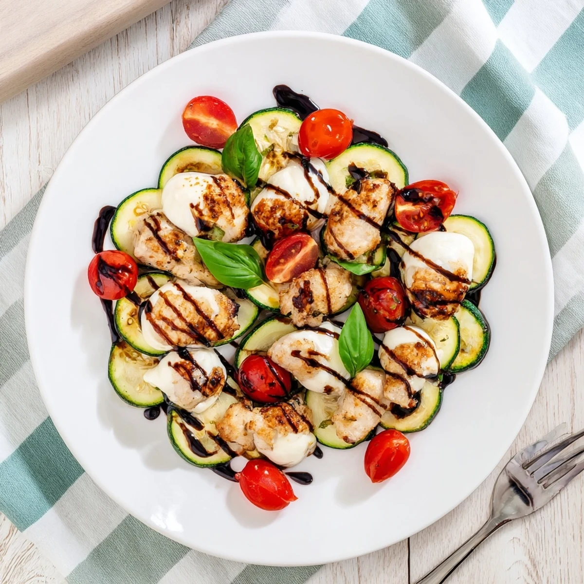 One-pan Caprese Chicken Zucchini Skillet featuring juicy chicken topped with fresh tomatoes basil and bubbling mozzarella cheese