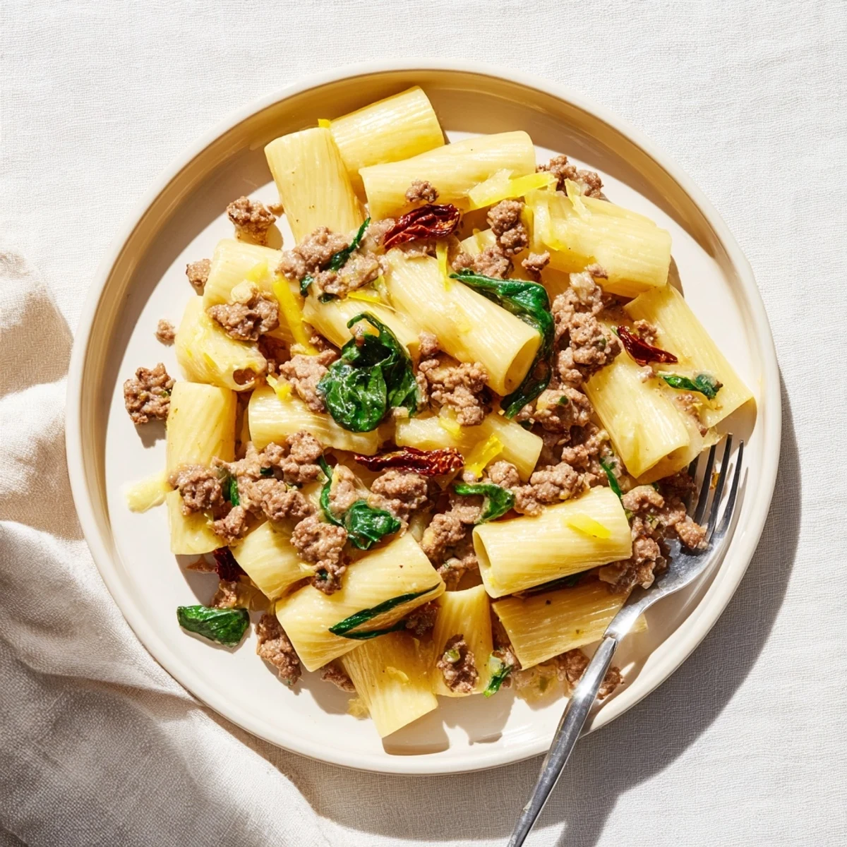 Creamy Marry Me ground beef pasta tossed with sun-dried tomatoes and parmesan in a white skillet