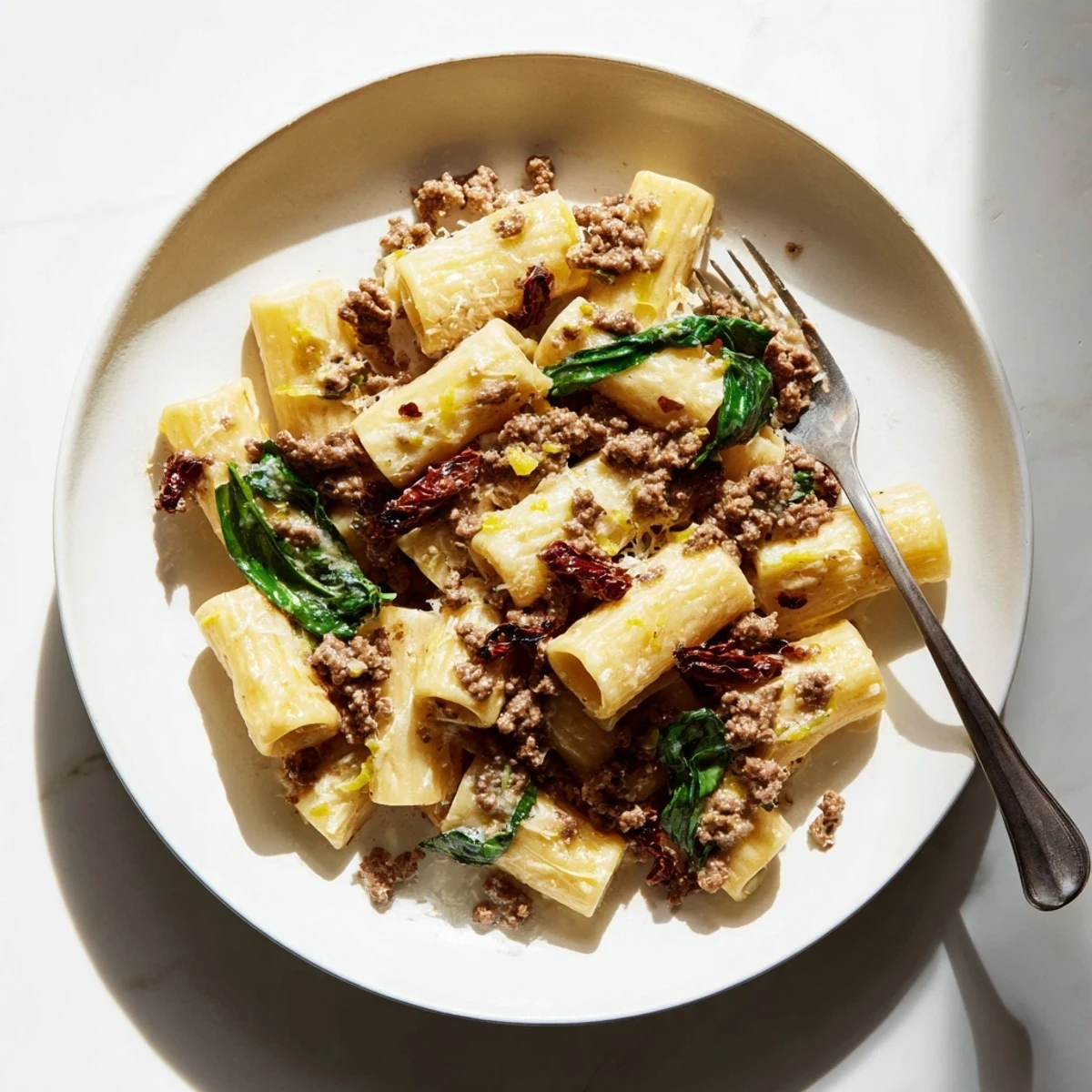 Steaming bowl of Marry Me ground beef pasta garnished with fresh parmesan shavings and vibrant spinach leaves