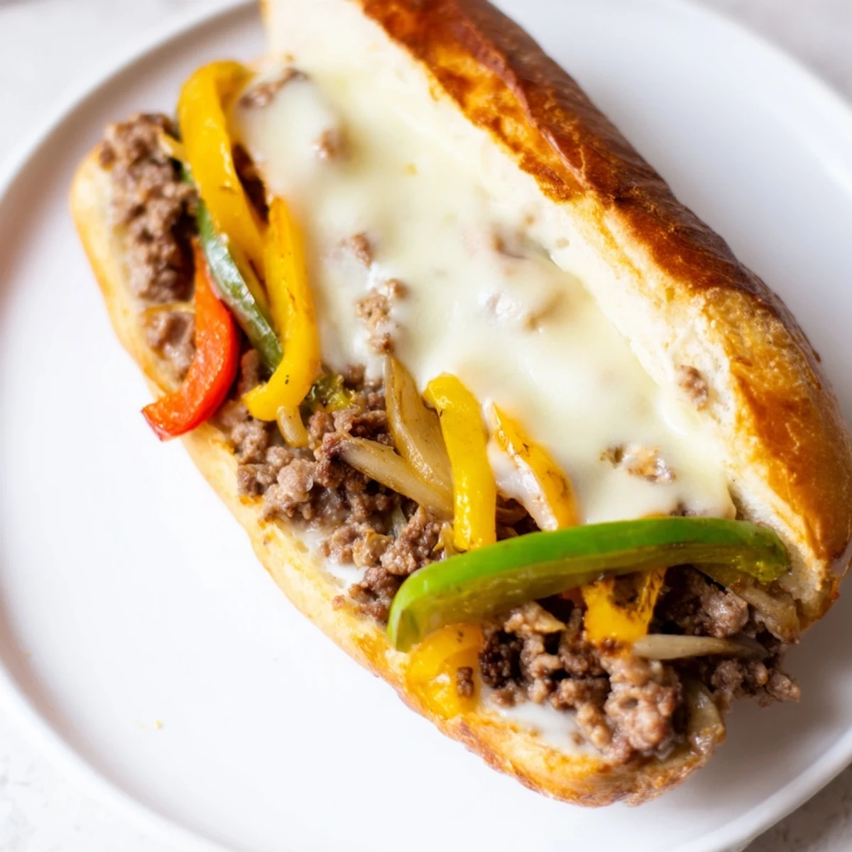 Golden brown ground beef Philly Cheesesteaks sandwich with melted provolone cheese and sautéed peppers