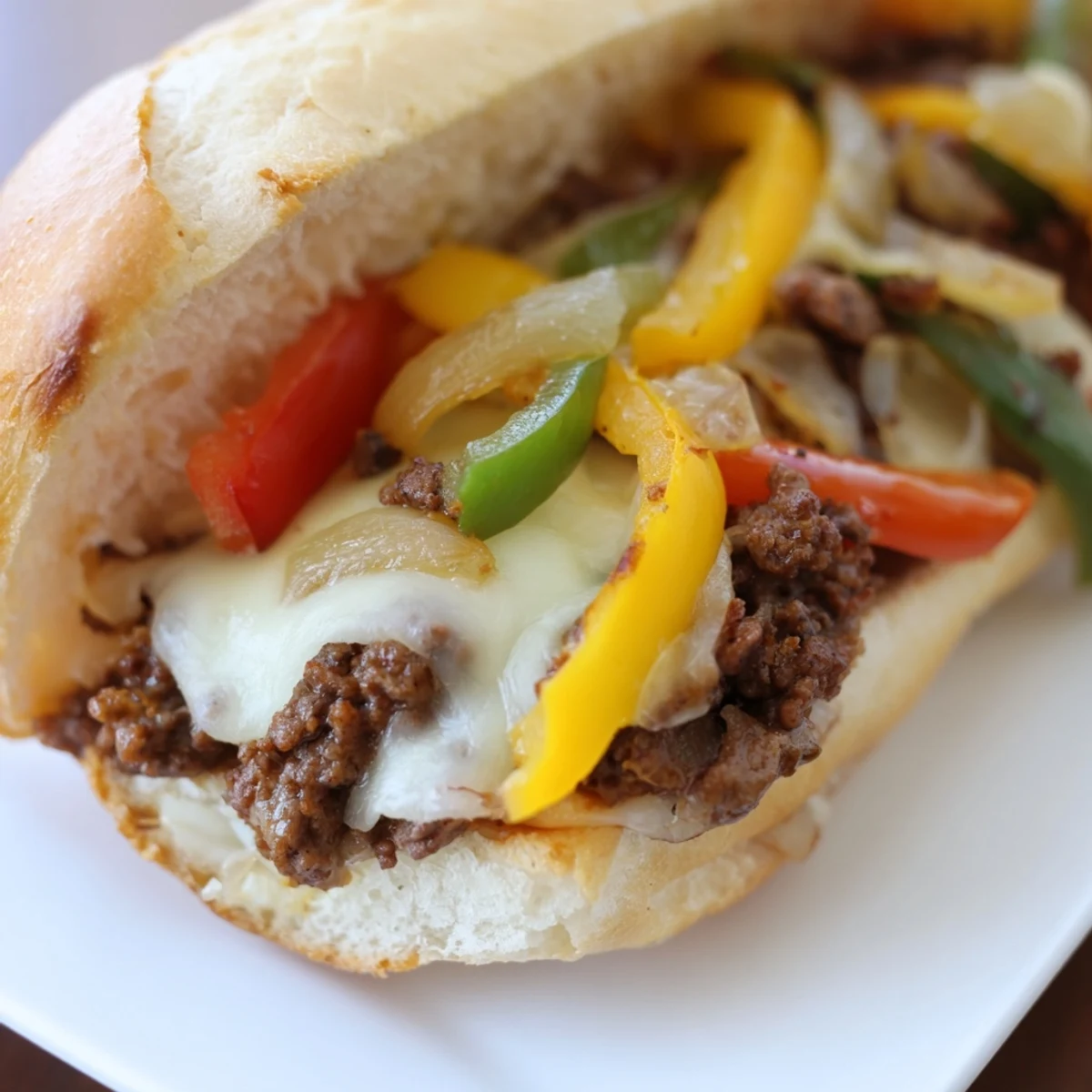 Toasted hoagie roll stuffed with savory ground beef Philly Cheesesteaks topped with gooey provolone