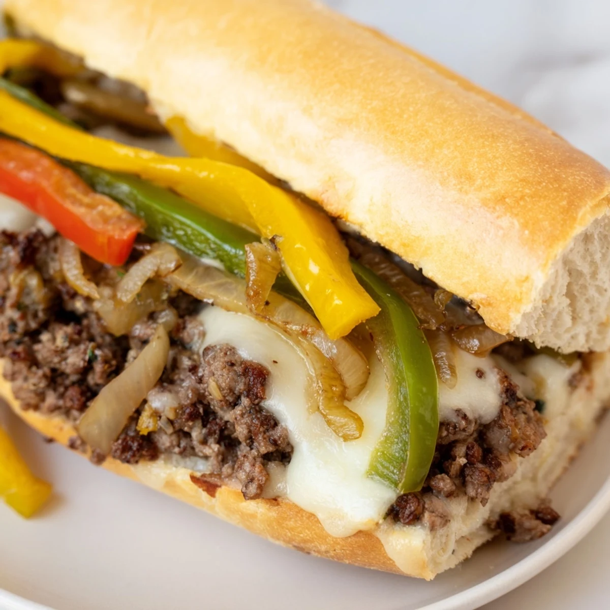 Hearty ground beef Philly Cheesesteaks loaded with caramelized onions peppers and melted cheese in bun