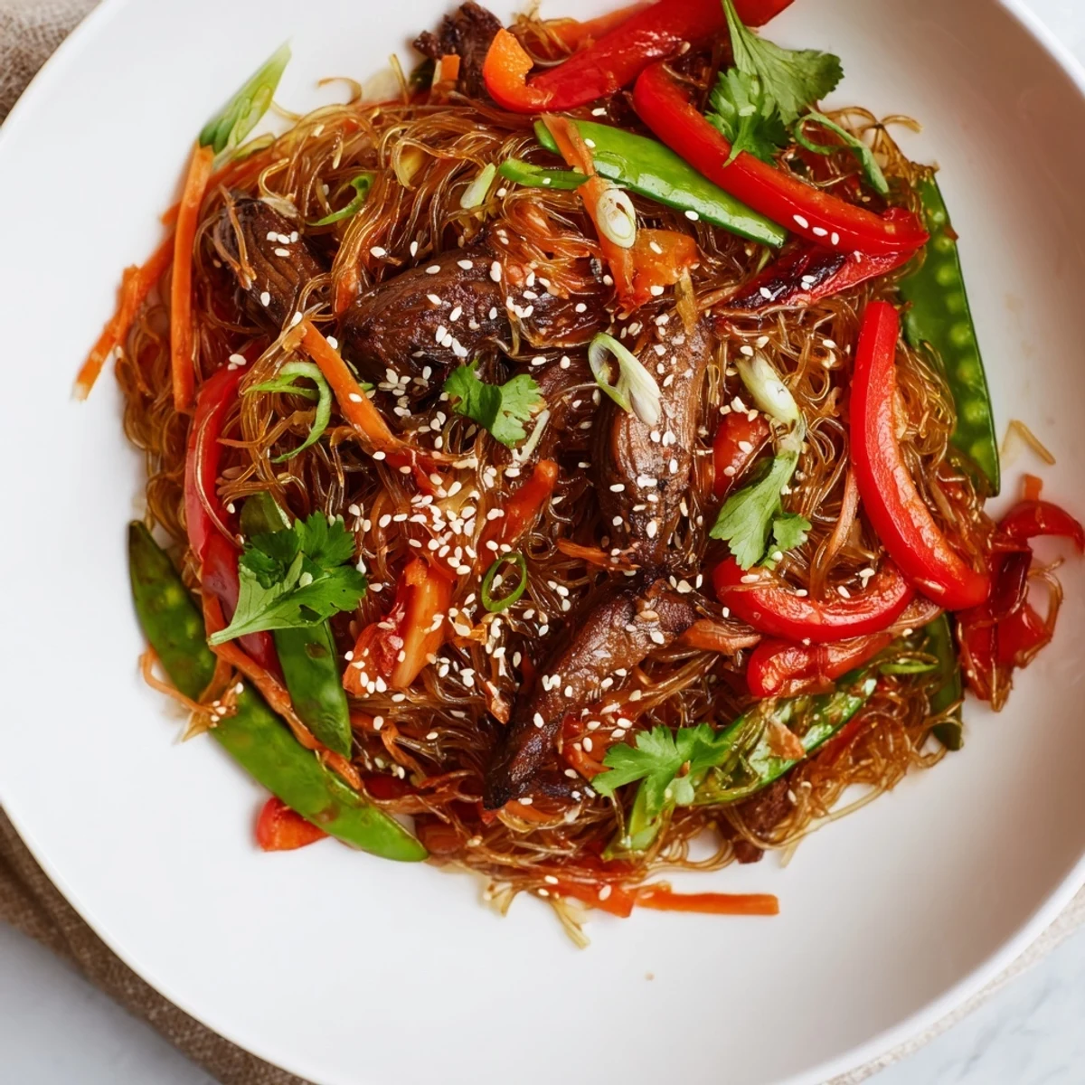Close-up of chewy sticky beef noodles tossed with caramelized beef, crisp peppers, and snap peas in dark sauce