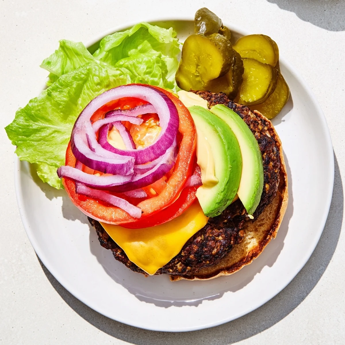 Hearty black bean burger on toasted bun stacked with avocado, tomato, melted cheddar, crisp lettuce, and red onion.