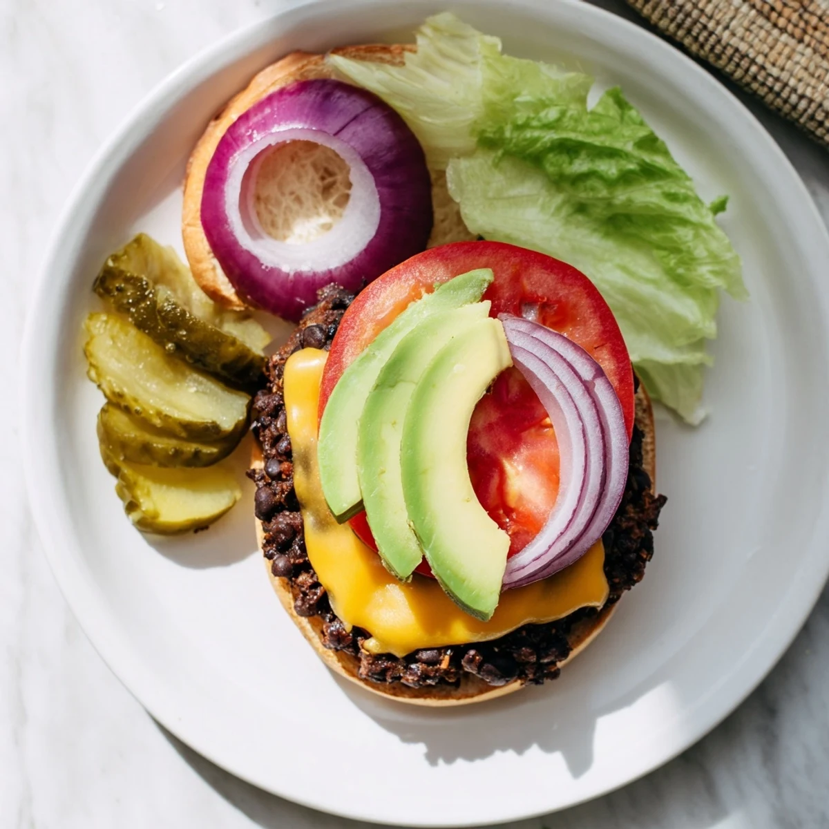 Golden seared black bean burger patty topped with fresh avocado slices, tomato, and pickles on a sesame seed bun.