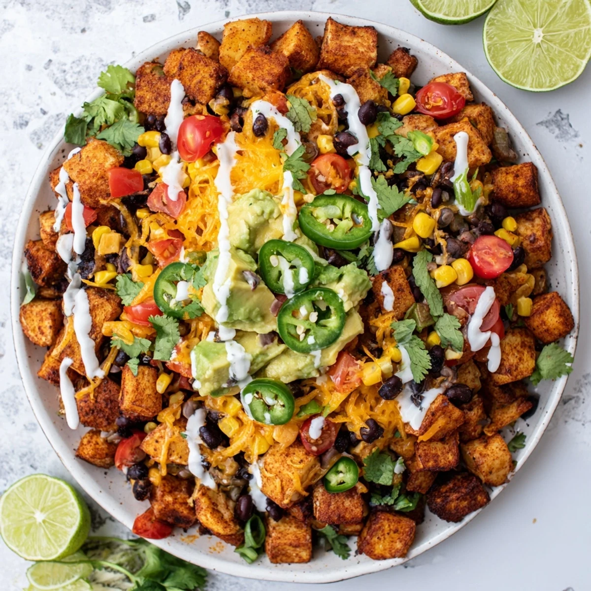 Golden roasted Loaded Fiesta Potato Bowls topped with melted cheddar, black beans, and fresh avocado