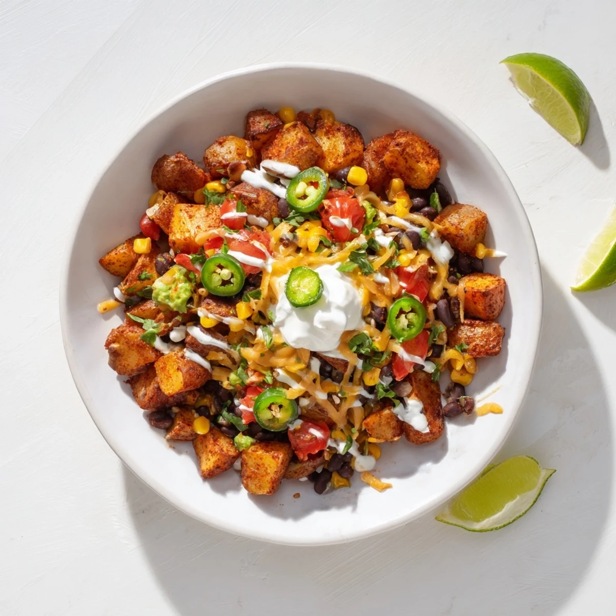 Crispy spiced Loaded Fiesta Potato Bowls piled high with colorful Tex-Mex toppings and sour cream