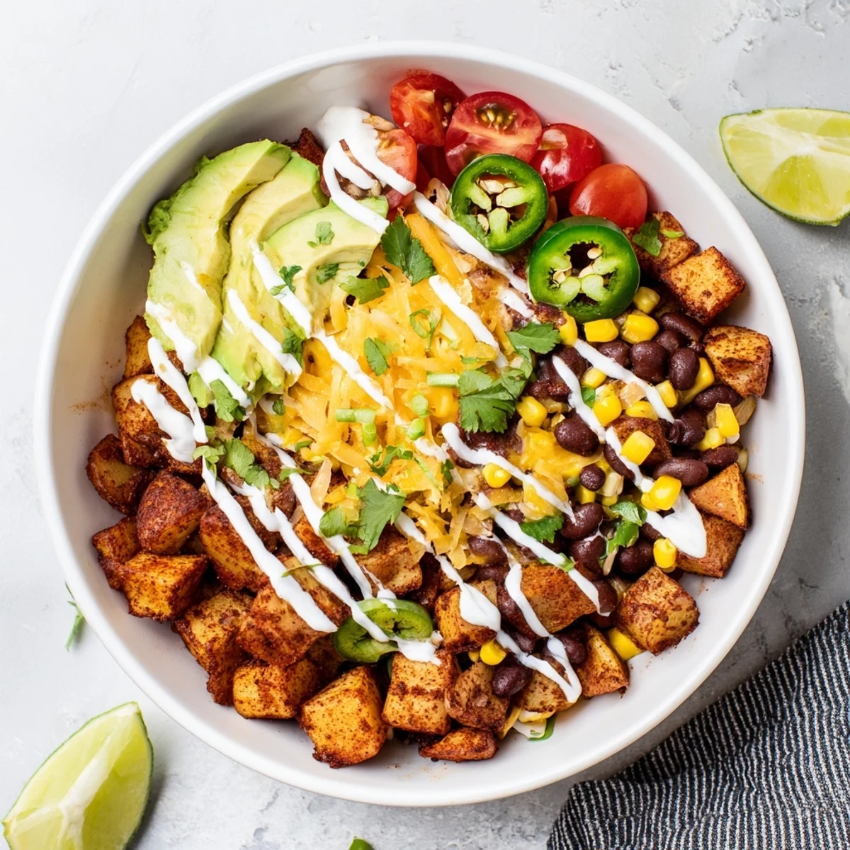 Hearty Loaded Fiesta Potato Bowls featuring cheese, tomatoes, corn, and zesty cilantro garnish