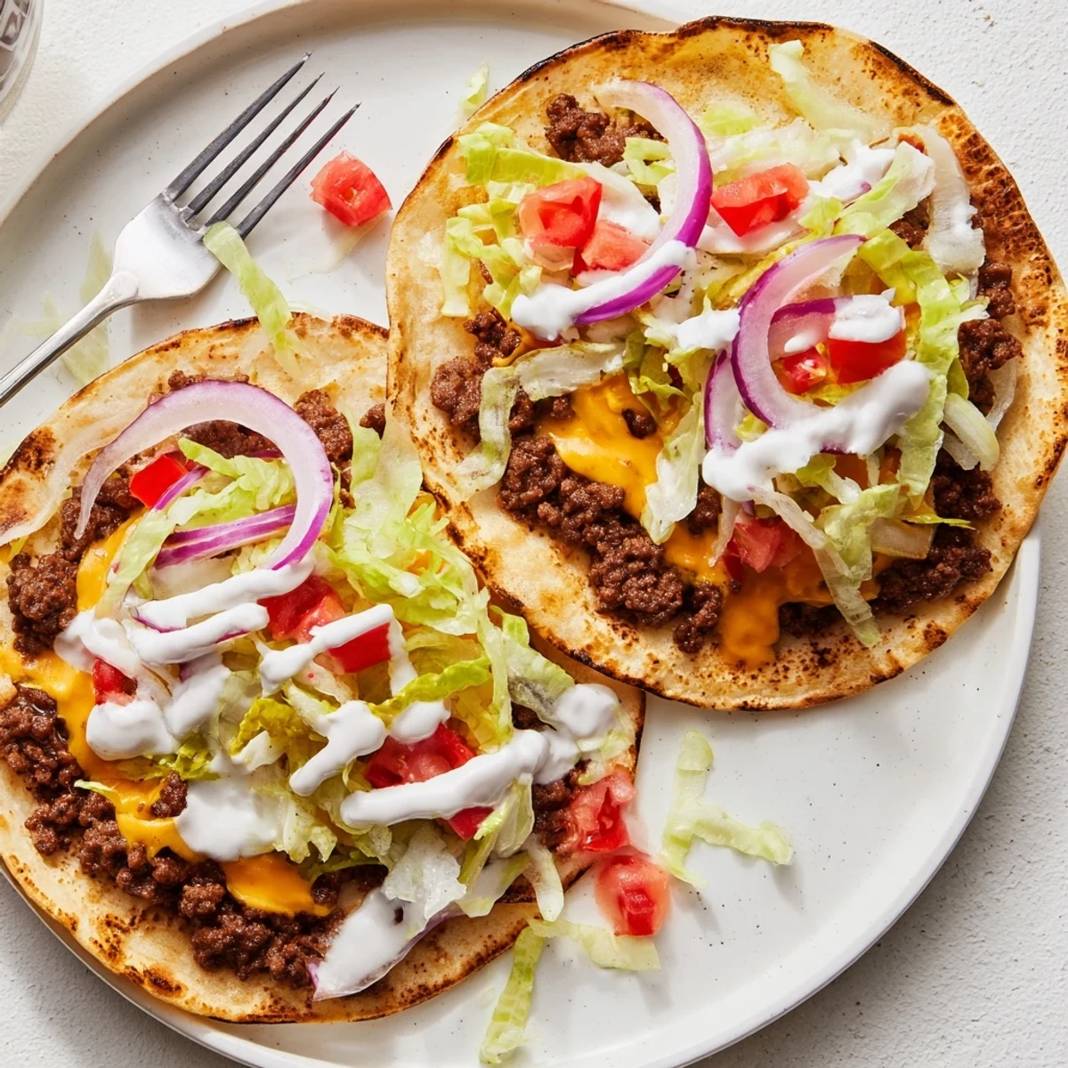 Golden crispy smash burger tacos loaded with melted cheese and fresh colorful vegetable toppings