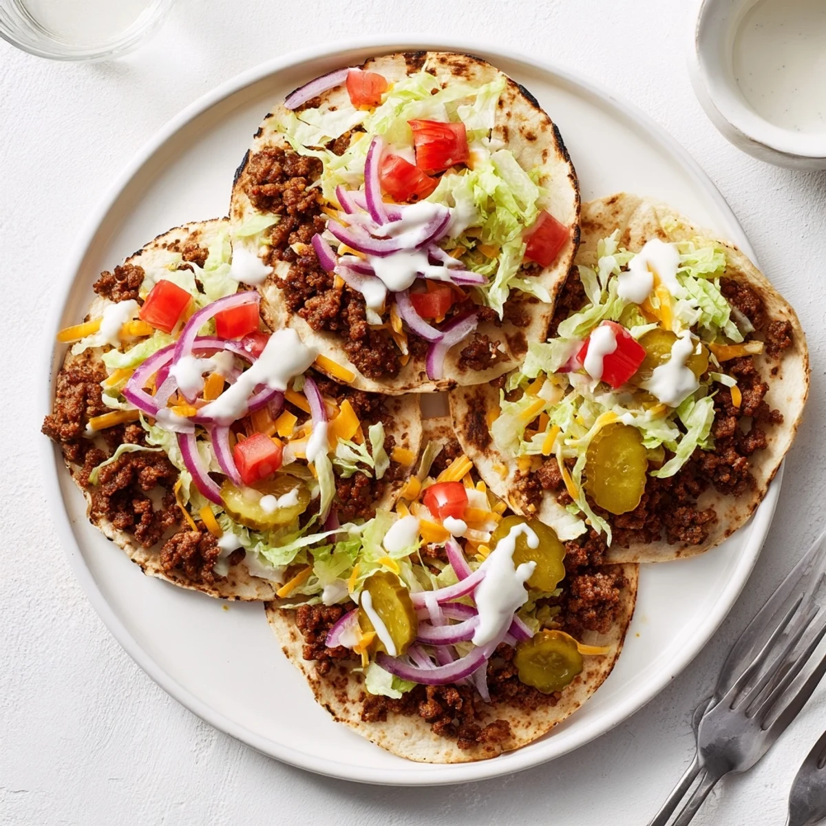 Handheld smash burger tacos feature crisp edged patties with lettuce tomatoes and creamy dressing