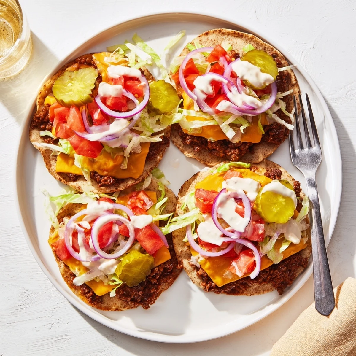 Juicy beef smash burger tacos in warm flour tortillas drizzled with zesty special sauce