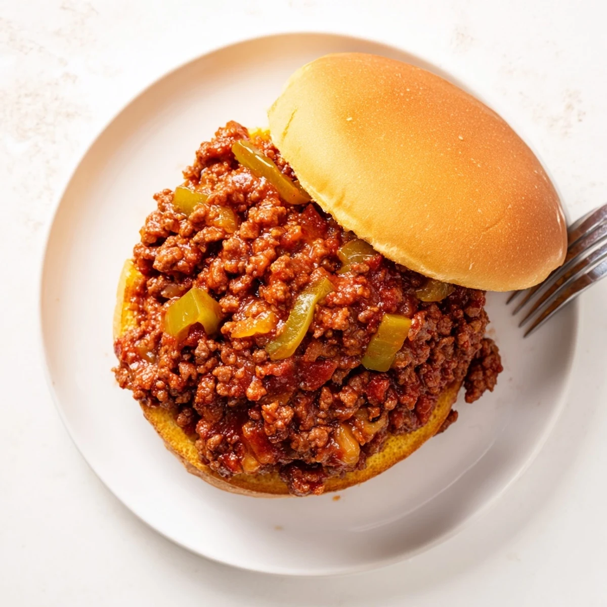 Homemade sloppy joes sandwich with savory ground beef piled onto a toasted hamburger bun