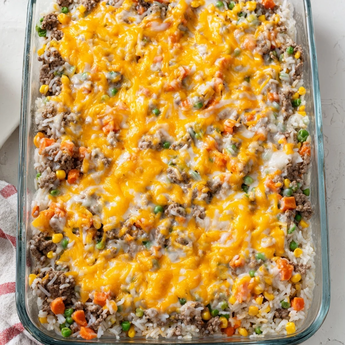 Comforting ground beef and rice casserole topped with bubbly melted cheese and colorful peas, carrots, and corn