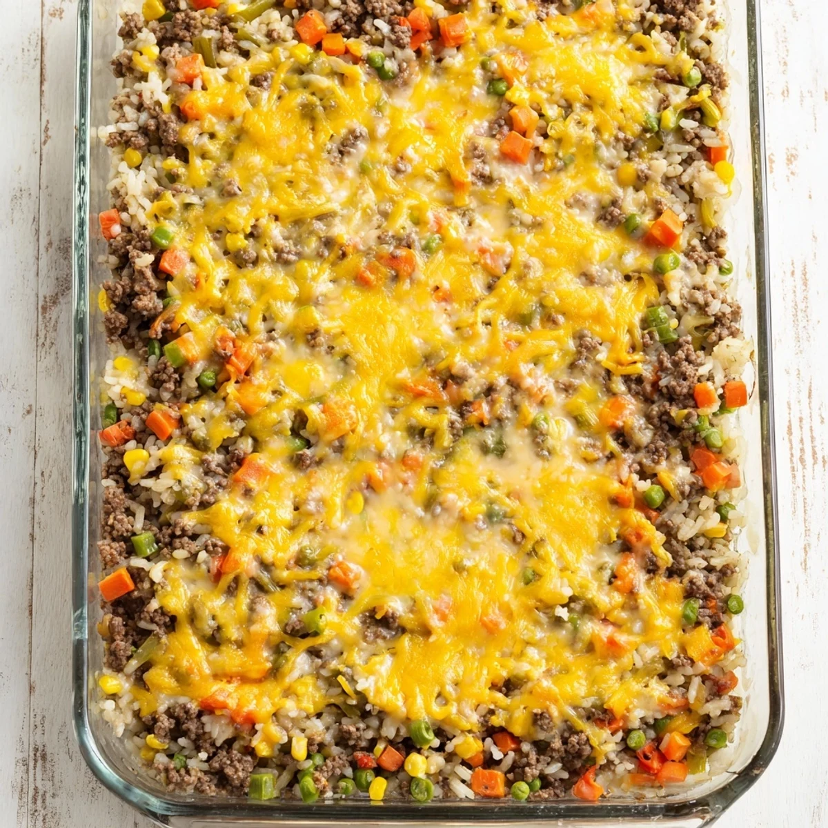 Golden cheesy ground beef and rice casserole with melted cheddar and mixed vegetables bubbling in a baking dish