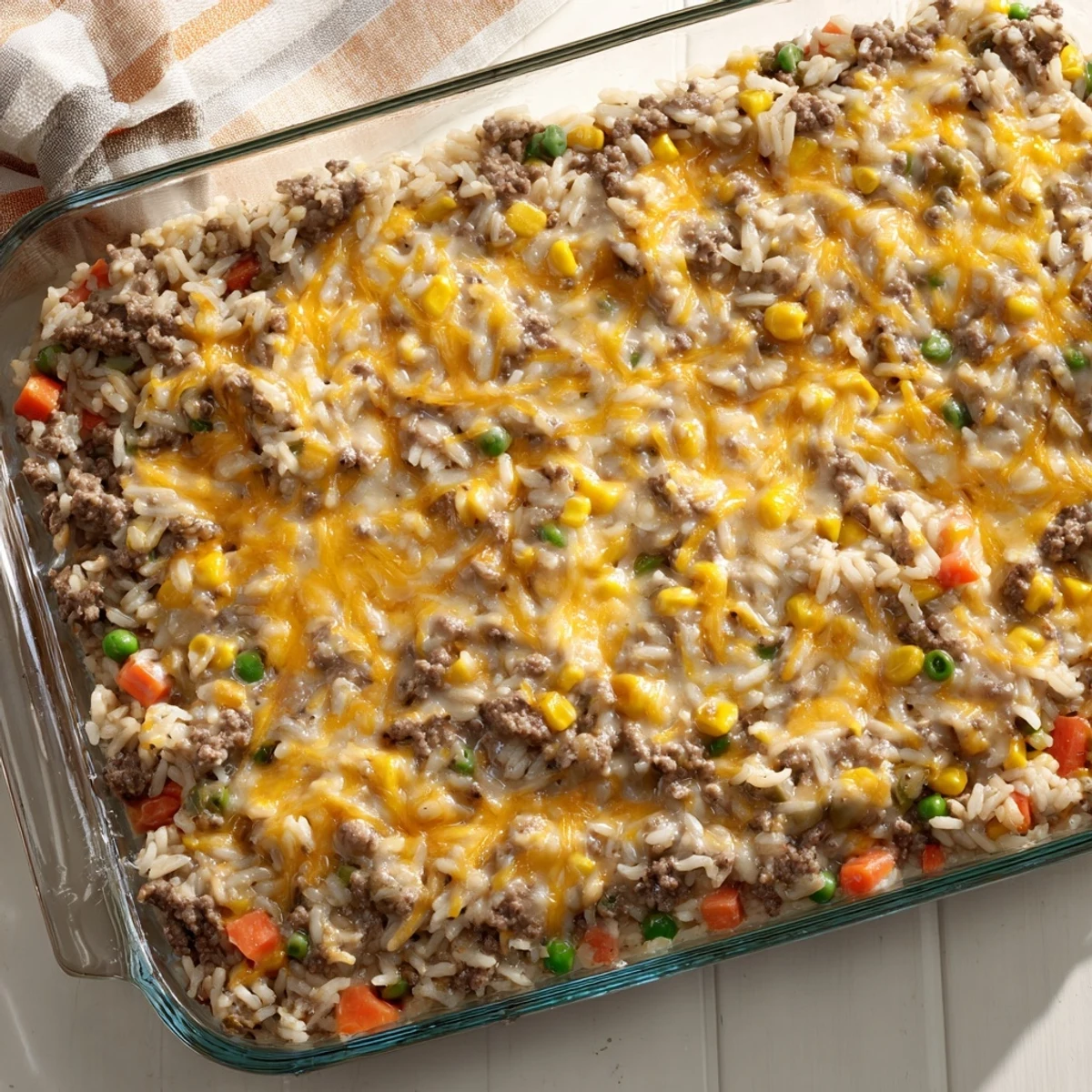 Family-friendly ground beef and rice casserole baked to golden perfection with a generous layer of melted cheddar cheese