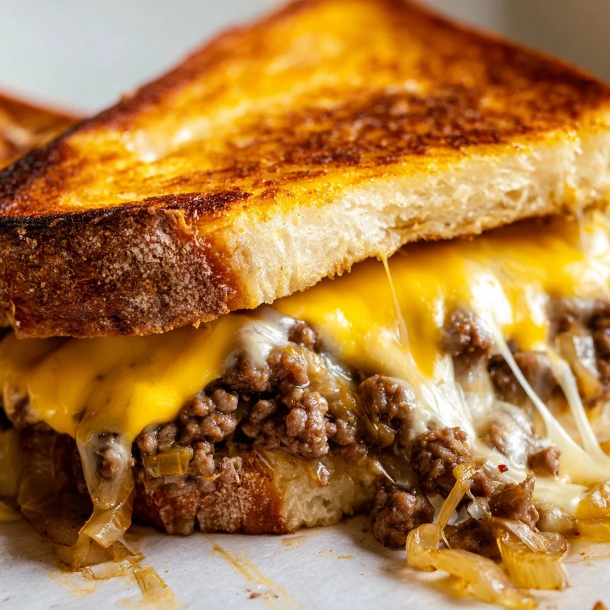 Golden toasted ultimate cheesy ground beef melt sandwich oozing with melted cheddar and mozzarella cheese