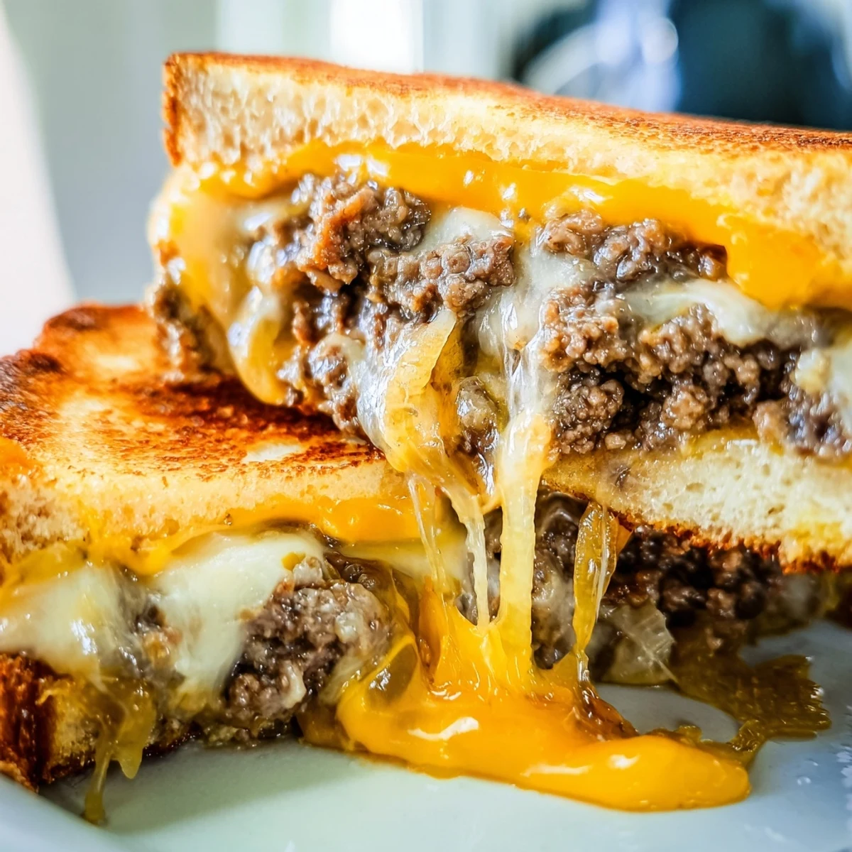 Ultimate cheesy ground beef melt served hot on thick bread with seasoned beef and caramelized onions