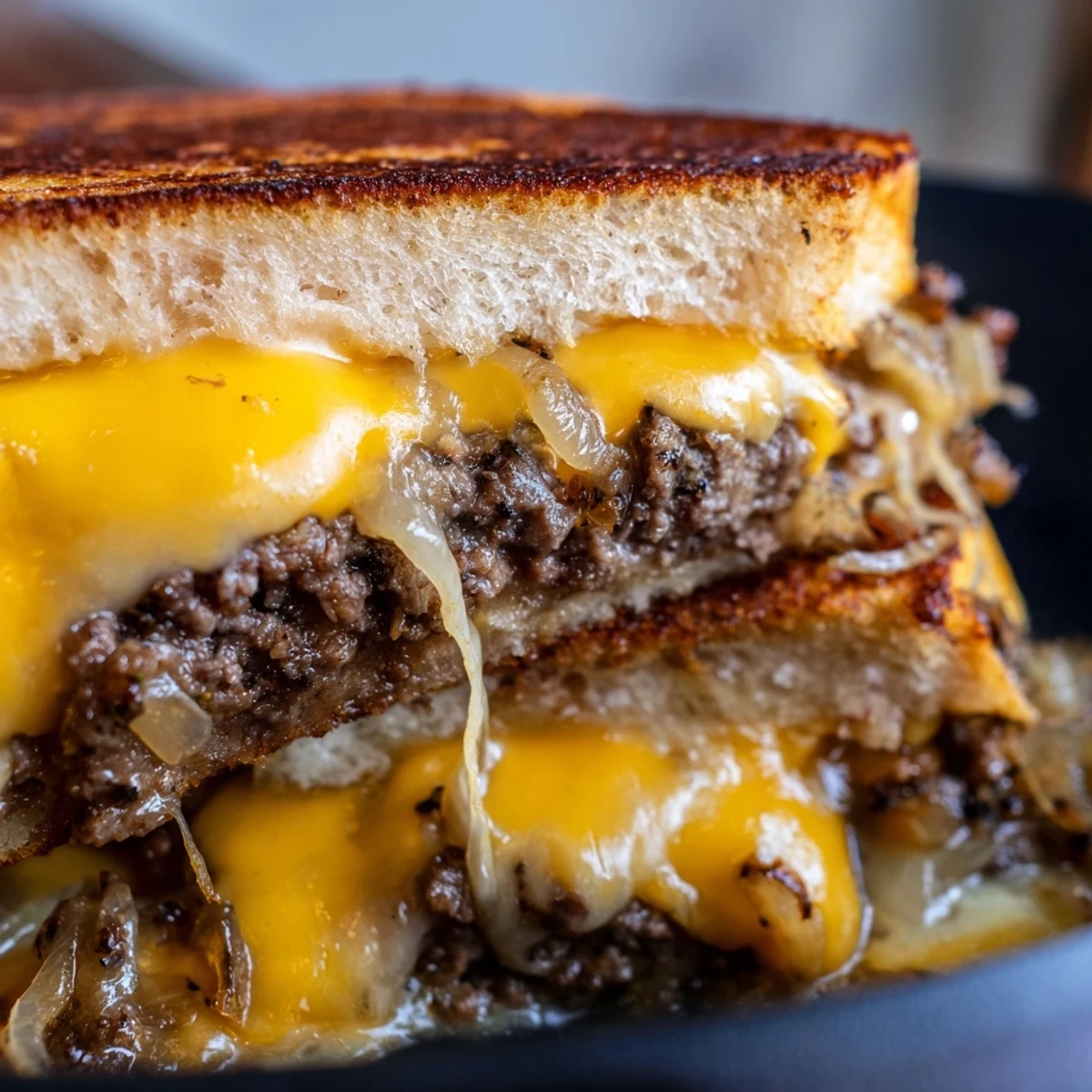 Sliced ultimate cheesy ground beef melt revealing juicy ground beef filling and gooey cheese layers
